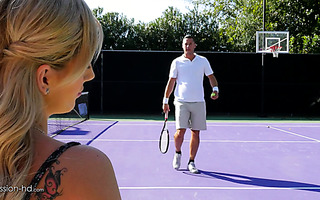 Sweet blondie Bella Rose fucks a tennis player on a lawn