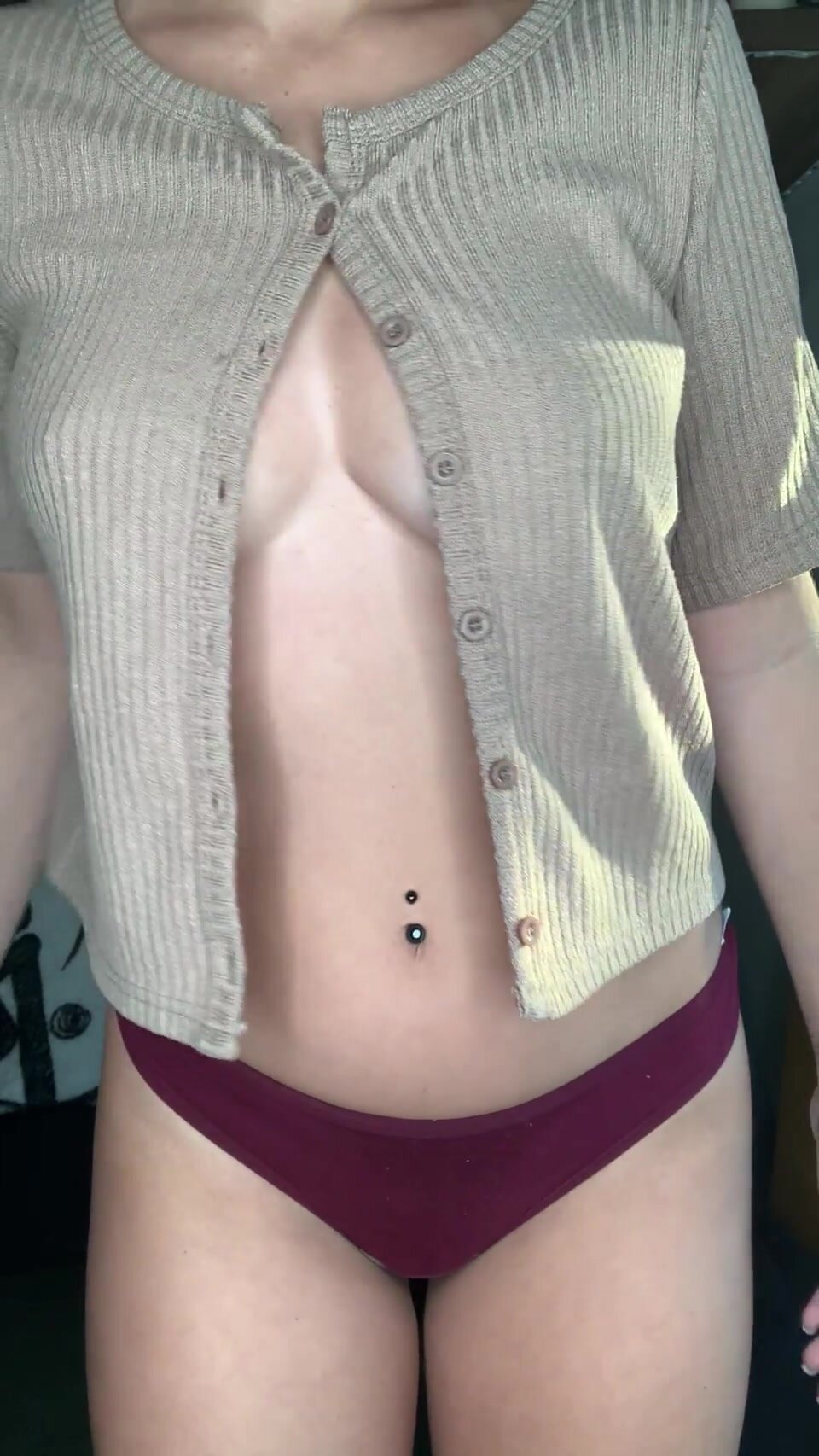 grey top, unbottoned, big titties