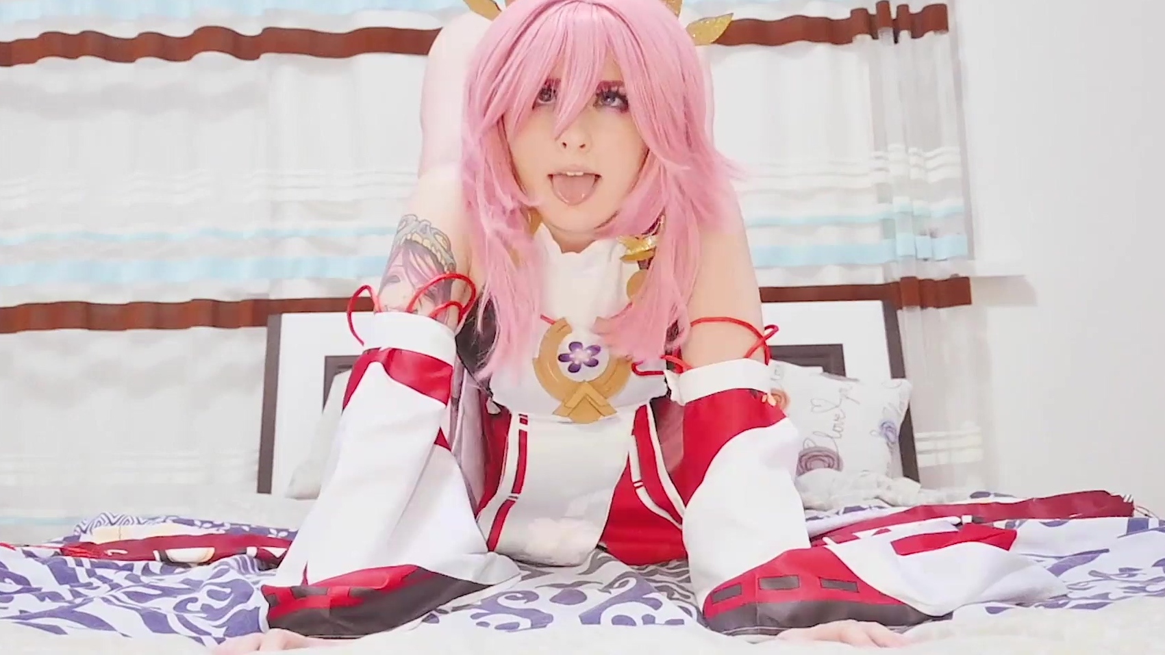 Yae Miko plays with her pussy with a big dildo until she notices your hard  dick - Genshin Impact