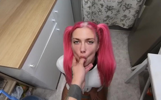 Slim Busty Tattooed Pink-hair Hottie Gets Doggy-fucked In the Kitchen After a Deepthroat BJ