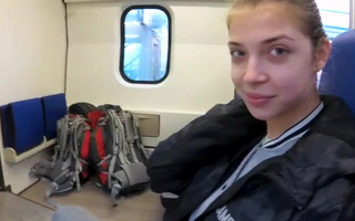 Skinny chick swallows oral cumshot on the public train