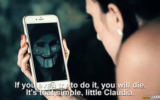 Billy the Puppet tells Claudia Bavel to fuck like a slut if she wants to live