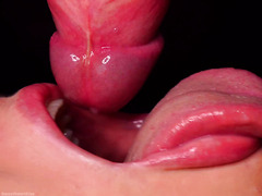 She brings his excited cock to orgasm with her hot tongue and sexy lips.