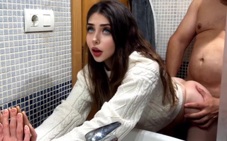 Horny landlord fucked my pussy in front of a mirror in a bathroom