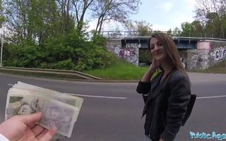 Pretty Slim Brunette Katy Rose Pleases a Stranger With Wild Sex Under The Bridge To Make Money