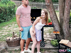 Petite Blonde step-daughter Maya Sinn outdoor threesome fuck