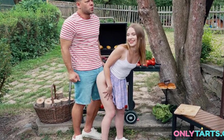 Petite Blonde step-daughter Maya Sinn outdoor threesome fuck