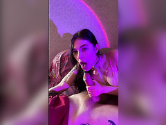 Brunette girl throats her bf's huge cock and takes a ride after