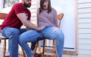 Naughty and seductive and aroused milf quirts fron fingering right in her jeans