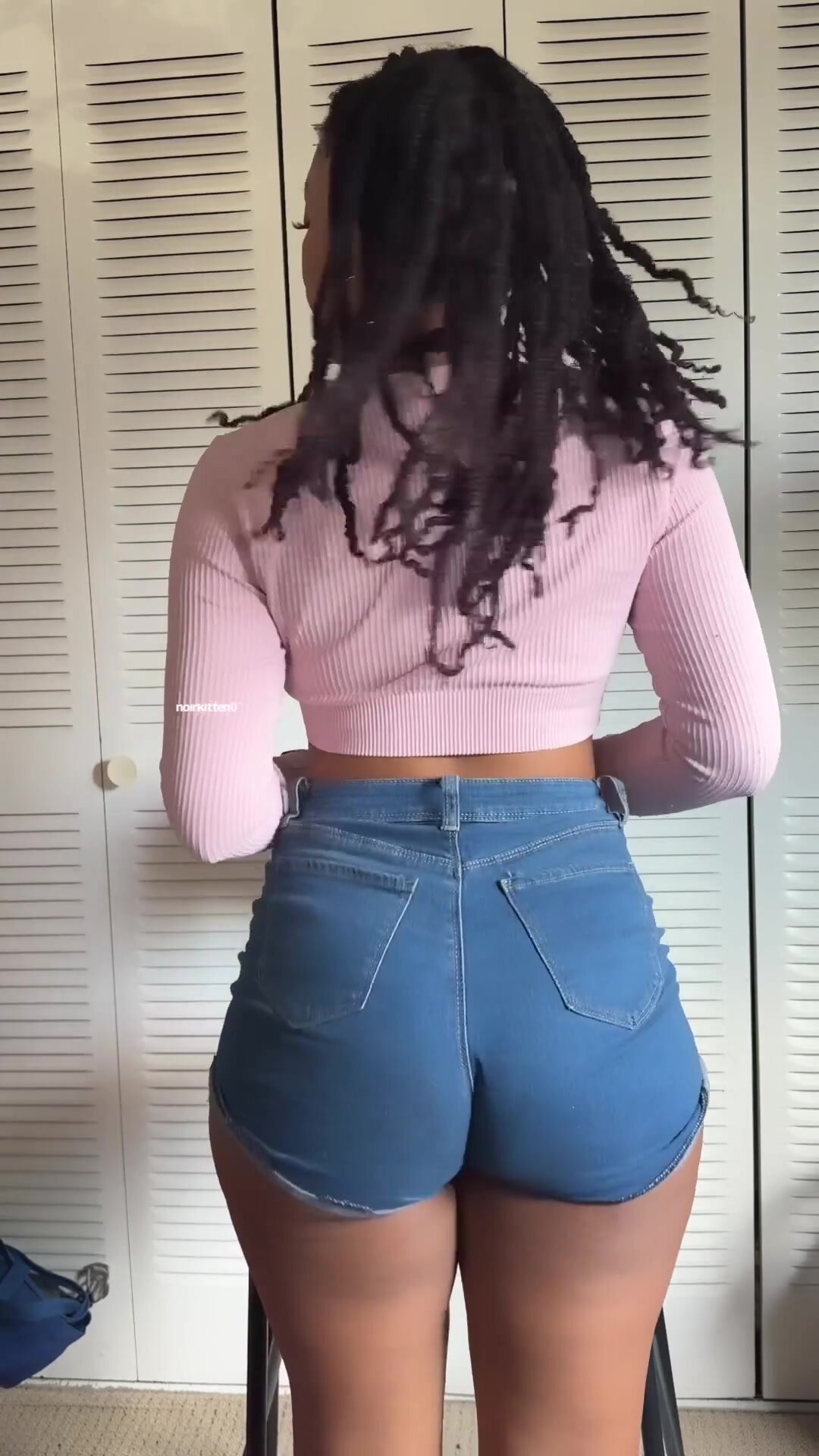 tiny denim shorts on my thick booty, with no panties underneath for easier access
