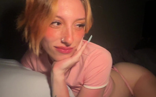Pretty girl with freckles looks up while she works the cock