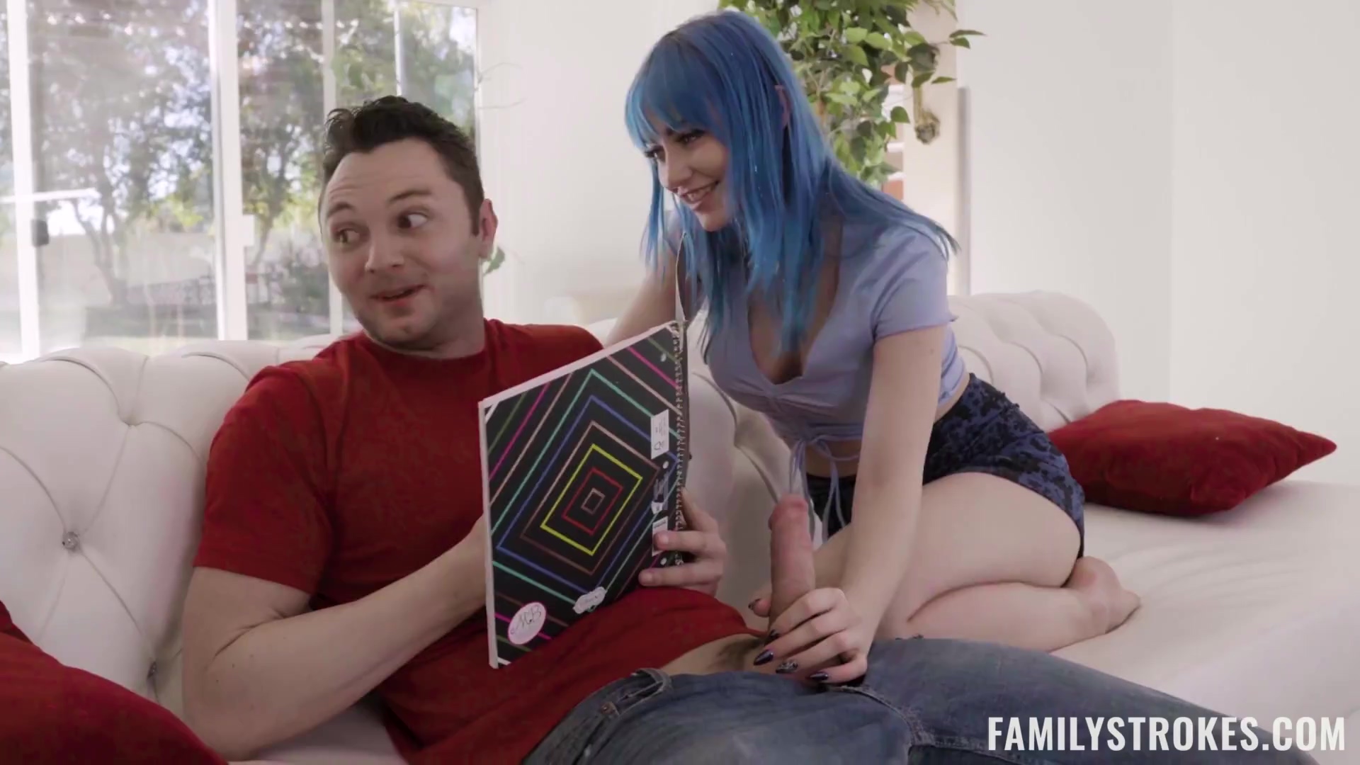 Big boobed stepsister with blue hair Jewelz Blu strokes stepbrother's ...