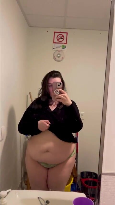 Playing with my belly and tits at work